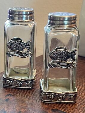 Vintage GANZ Pewter and Glass Fish Salt and Pepper Shaker Set